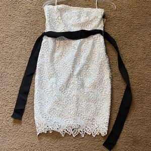 Elegant White Lace Dress with Black Ribbon